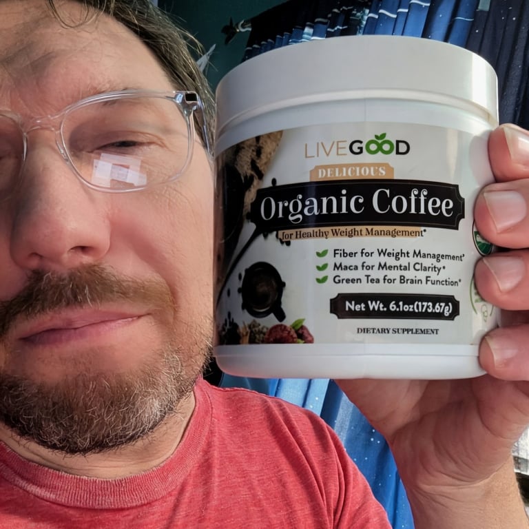 Joe poses with his container of LiveGood Organic Mushroom Coffee