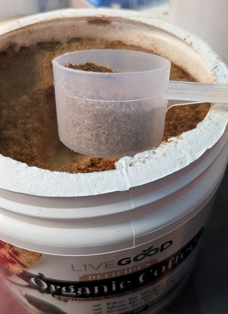 Close-up of LiveGood Organic Mushroom Coffee scoop showing the serving line